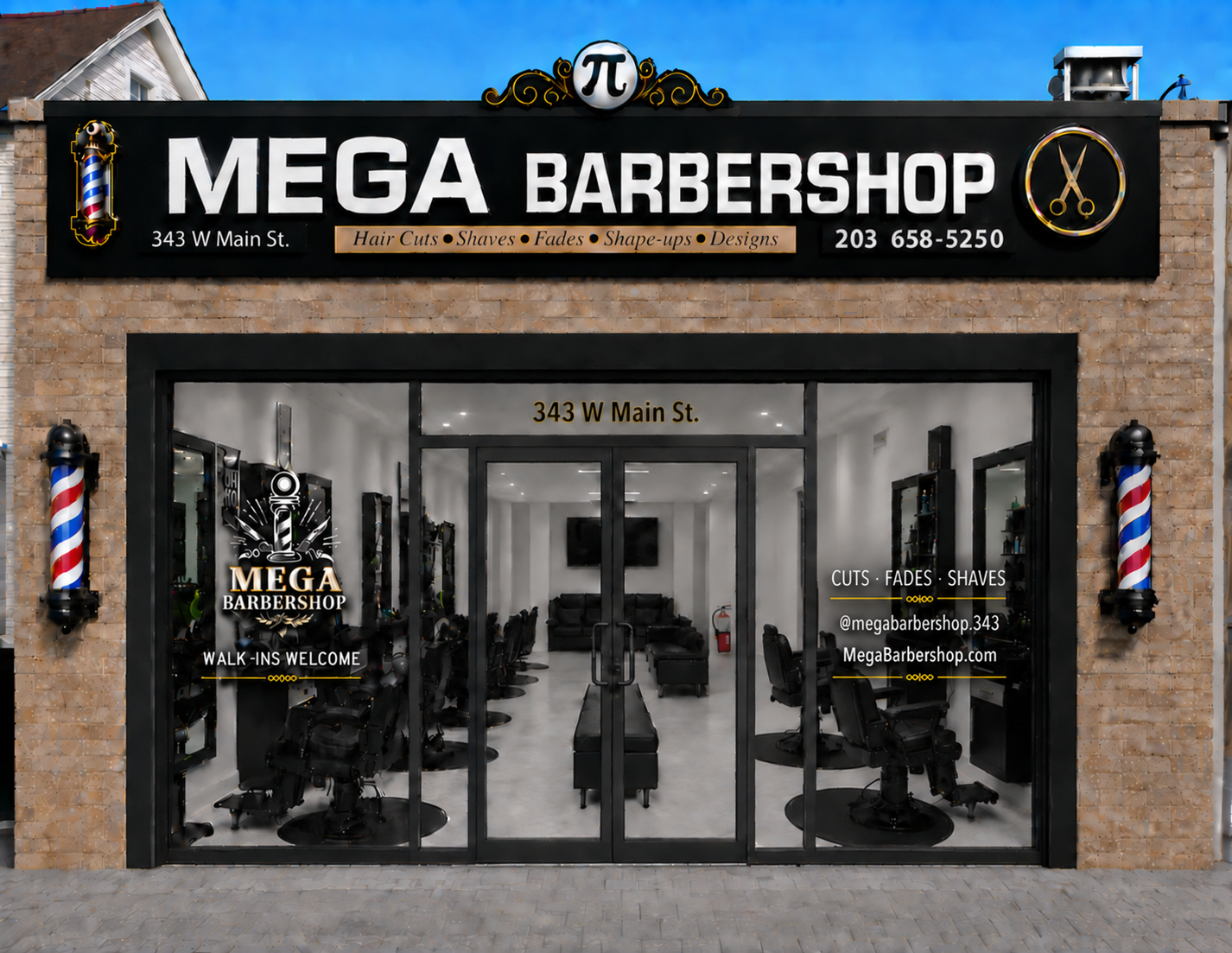 Mega Barbershop storefront with a centered glass entrance, barber poles, window graphics, and the real interior layout